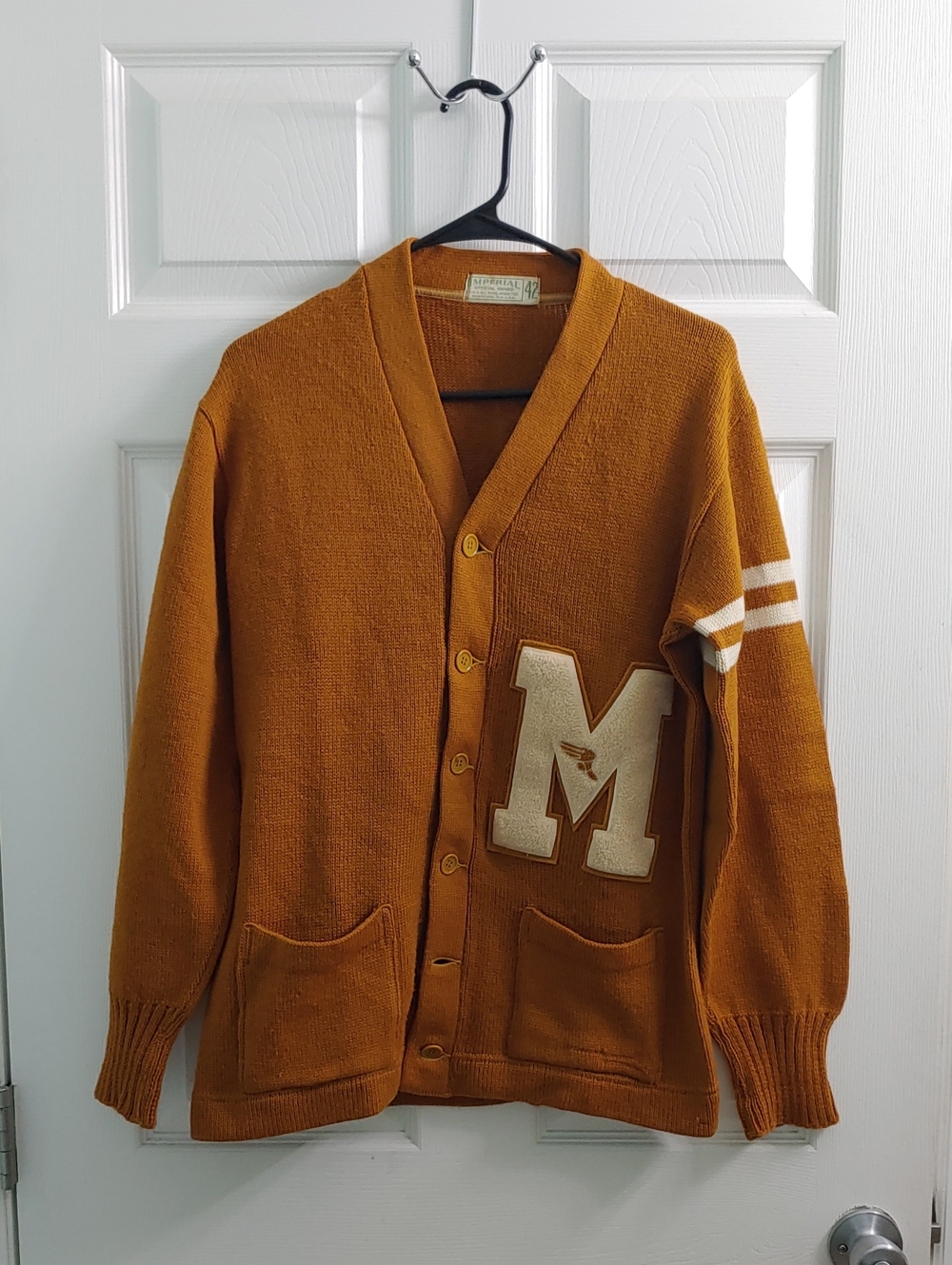 Vintage 60s Letterman Cardigan Mustard Yellow 'M' Varsity Sweater Size 42